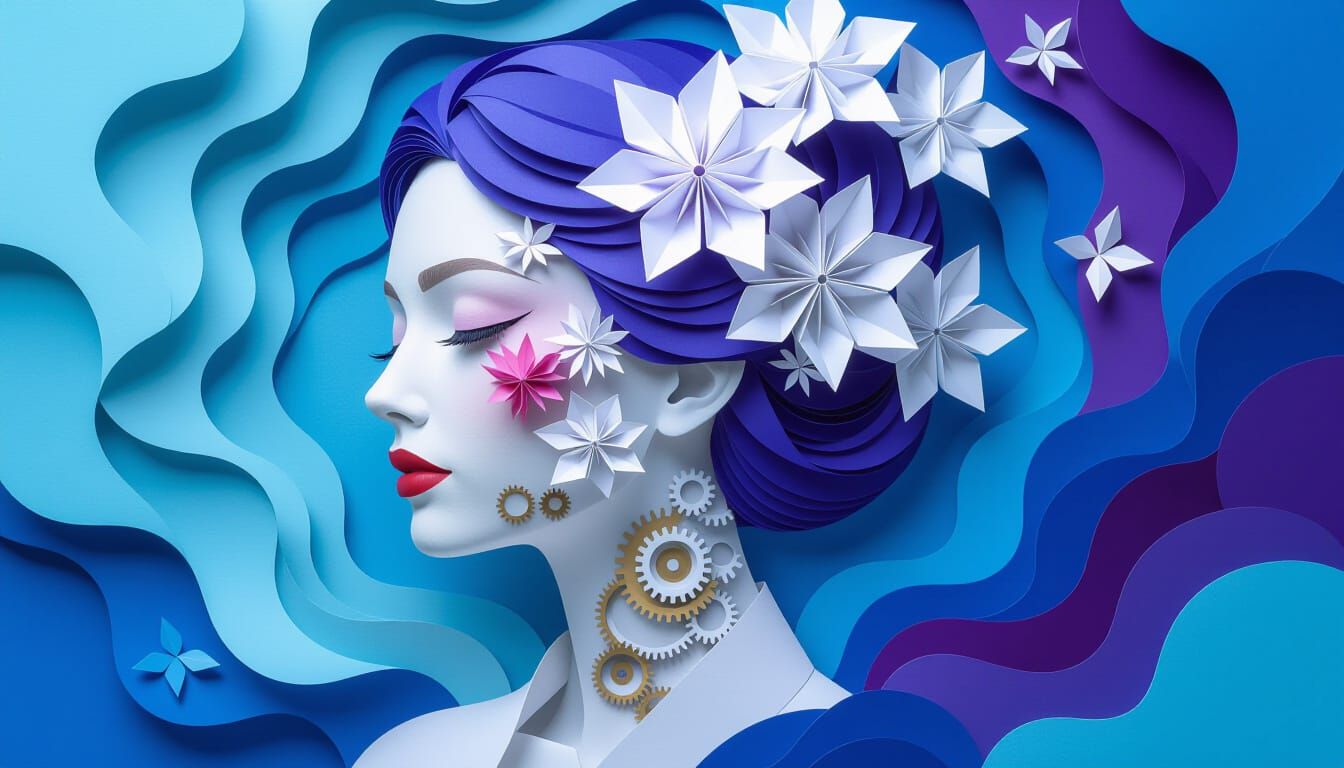 Surreal Paper-Cut Collage with Origami and Clockwork