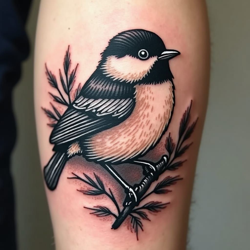 A tattoo of a black-capped chickadee rendered in a woodcut style would feature bold, black lines and stark contrasts, ca...