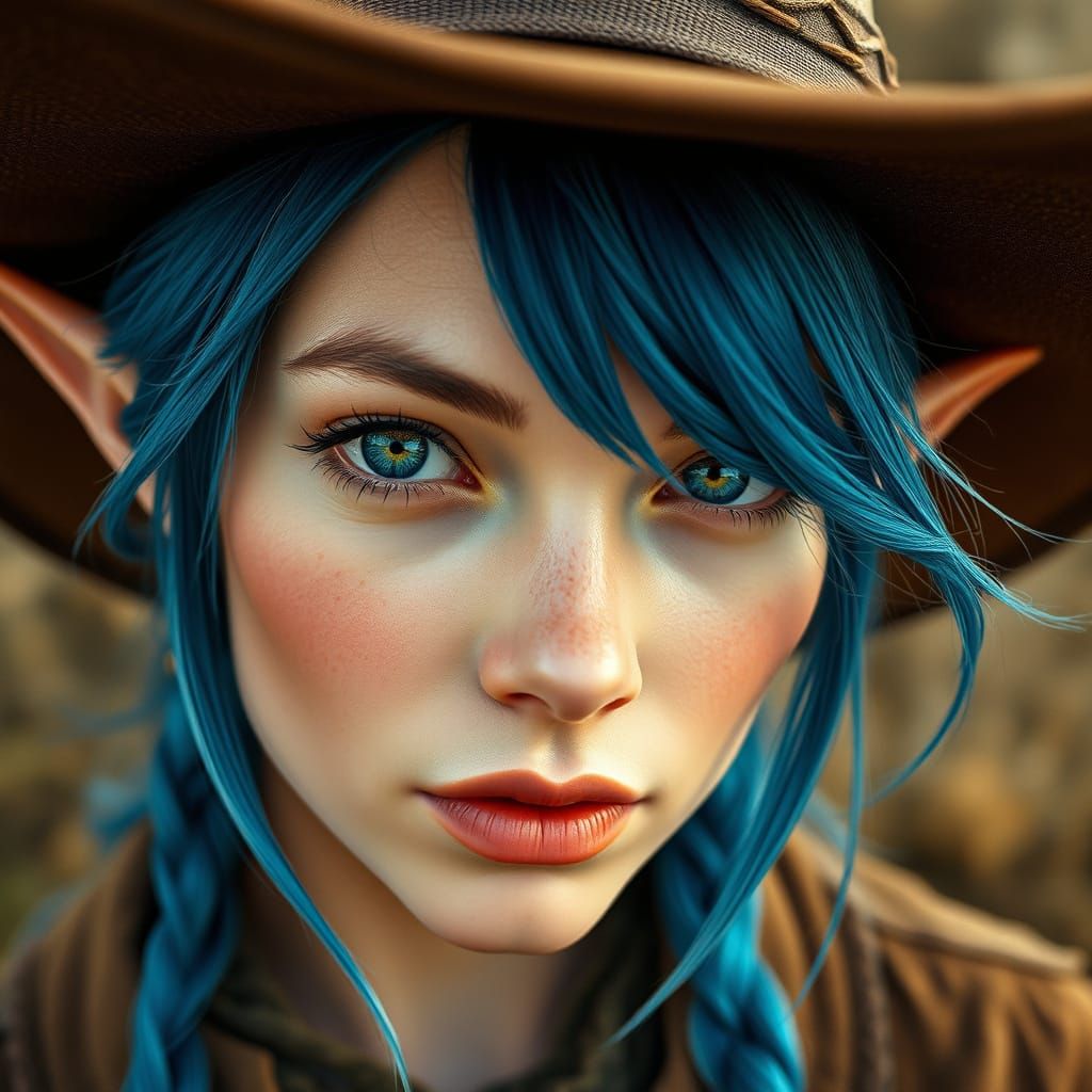 Close-Up Cowboy Elf with Blue Hair