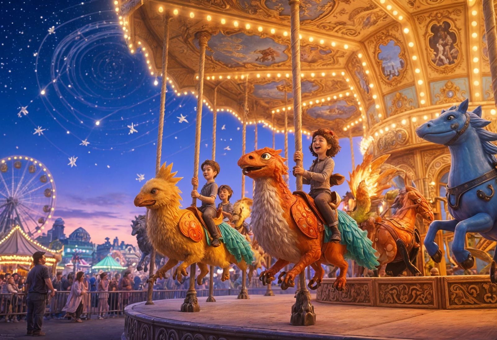 Whimsical Carousel Creatures in Twilight Sky