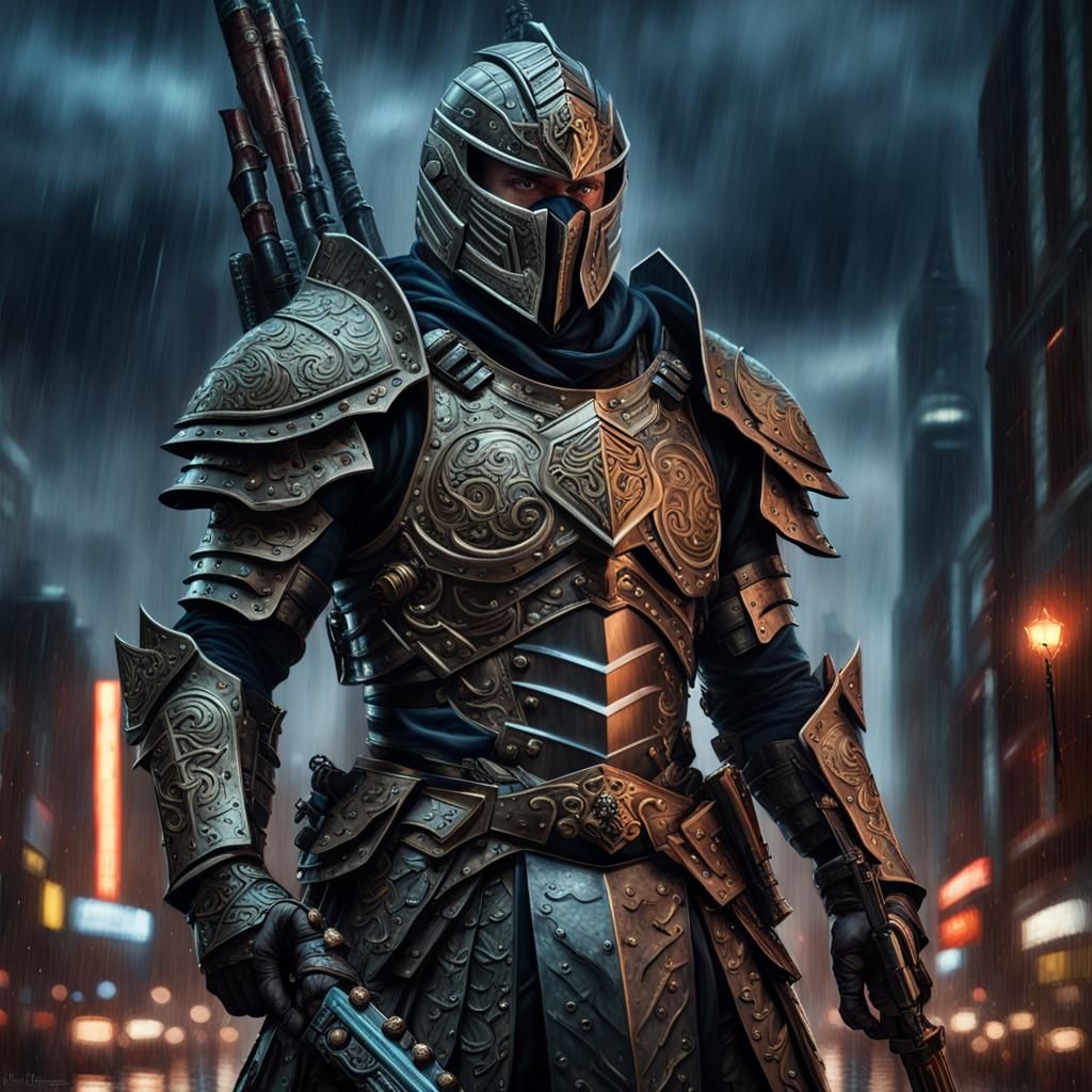 Armored Warrior in Gothic Cityscape: Hyperrealistic Fantasy