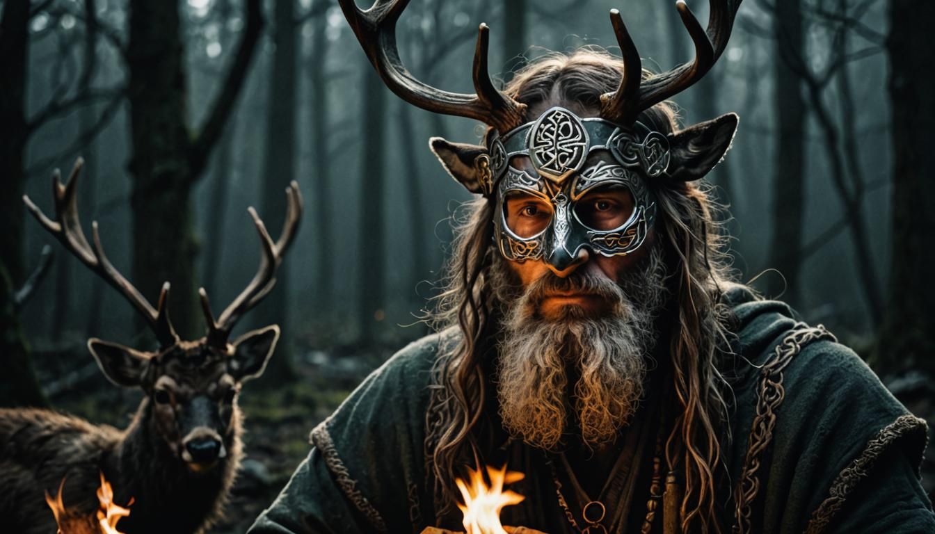Celtic Druid in Deer Mask Fireside Ceremony