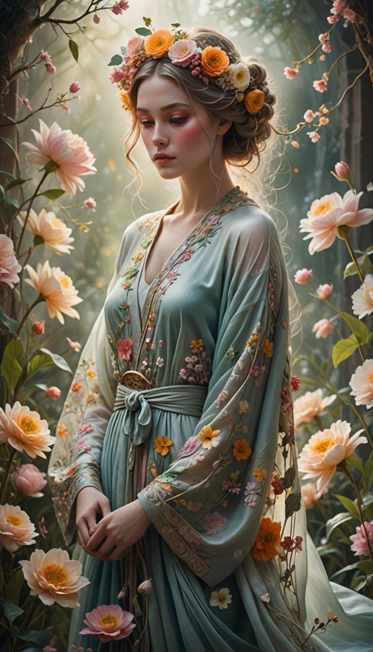 Ethereal Figure in Swirling Patterns with Floral Accents