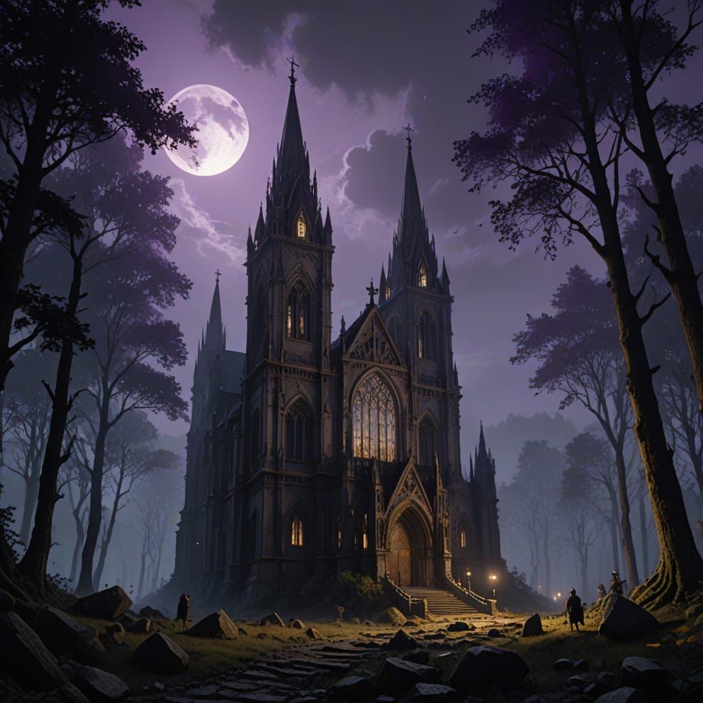 Gothic Cathedral in Dark Forest, Fantasy Art