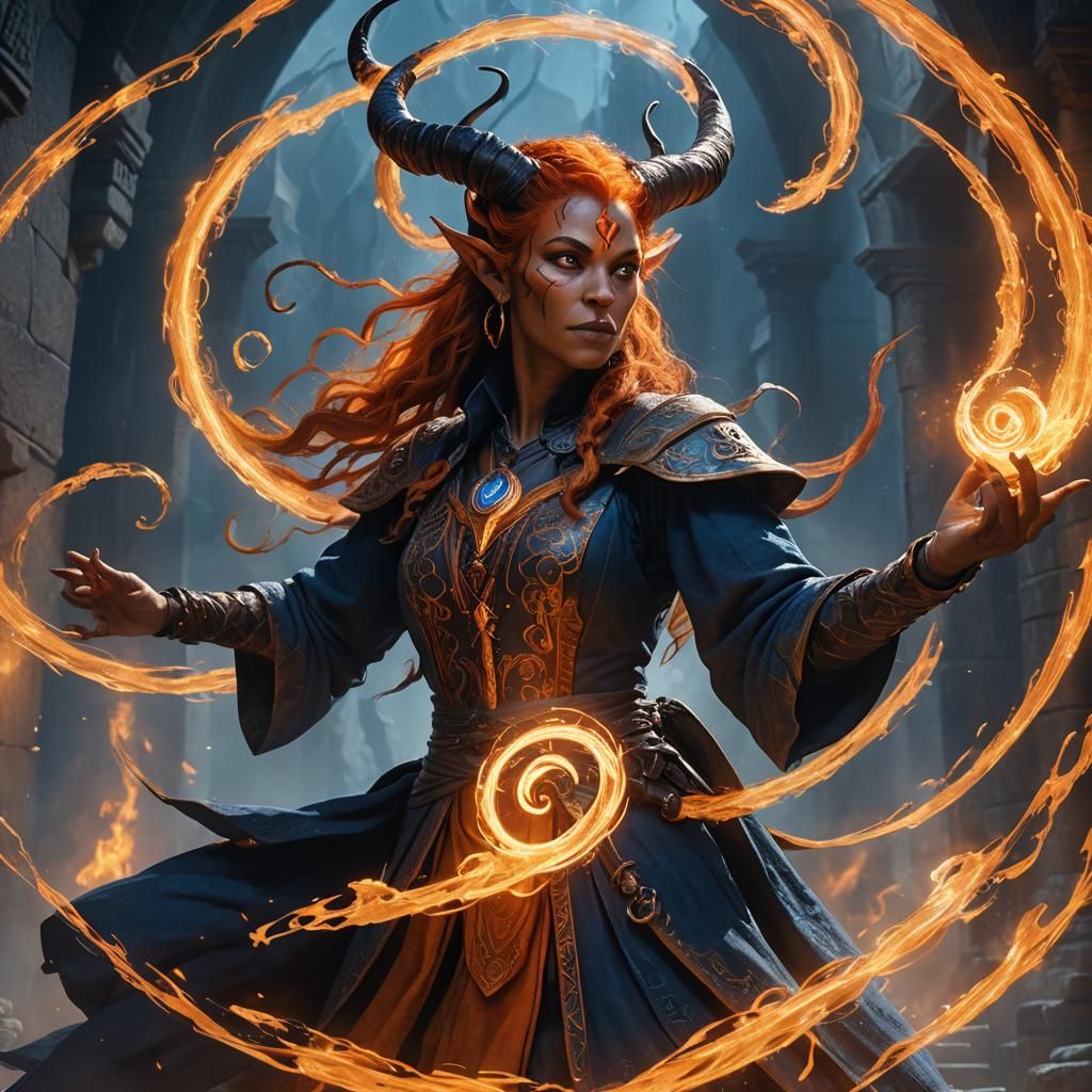 Tiefling Sorceress Casting Spell: Fantasy Art Nouveau