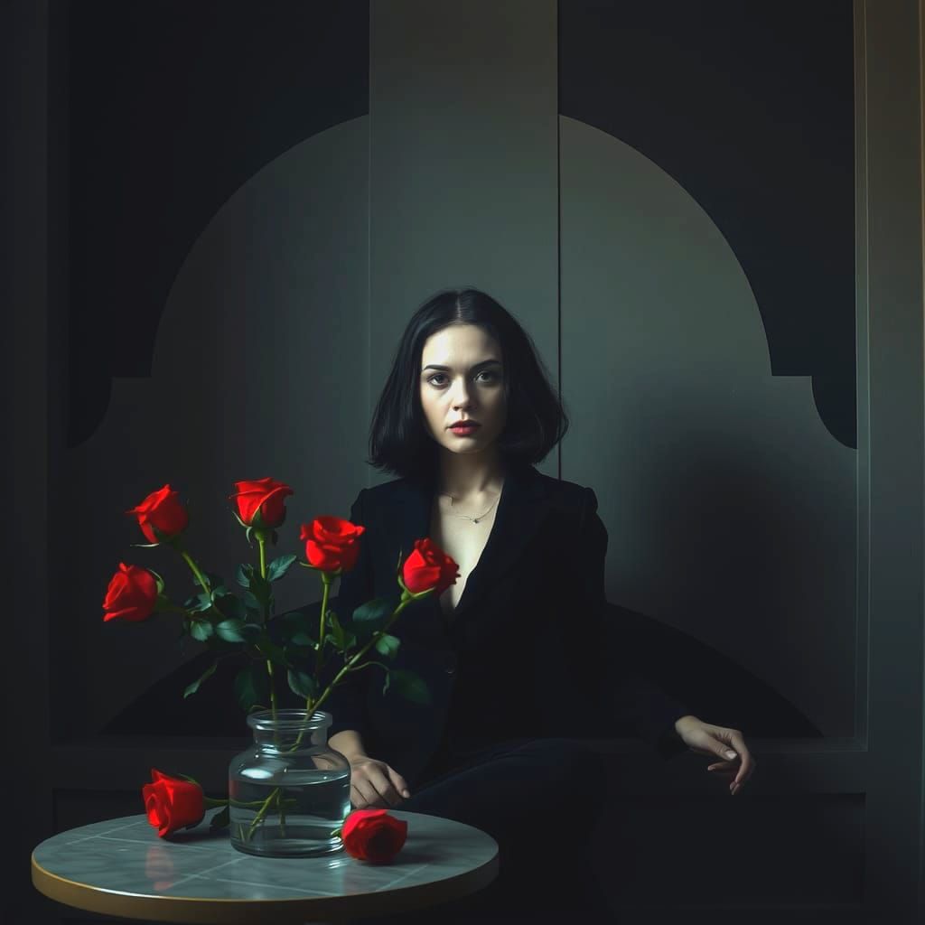 Surreal Portrait with Roses in Photographic Style