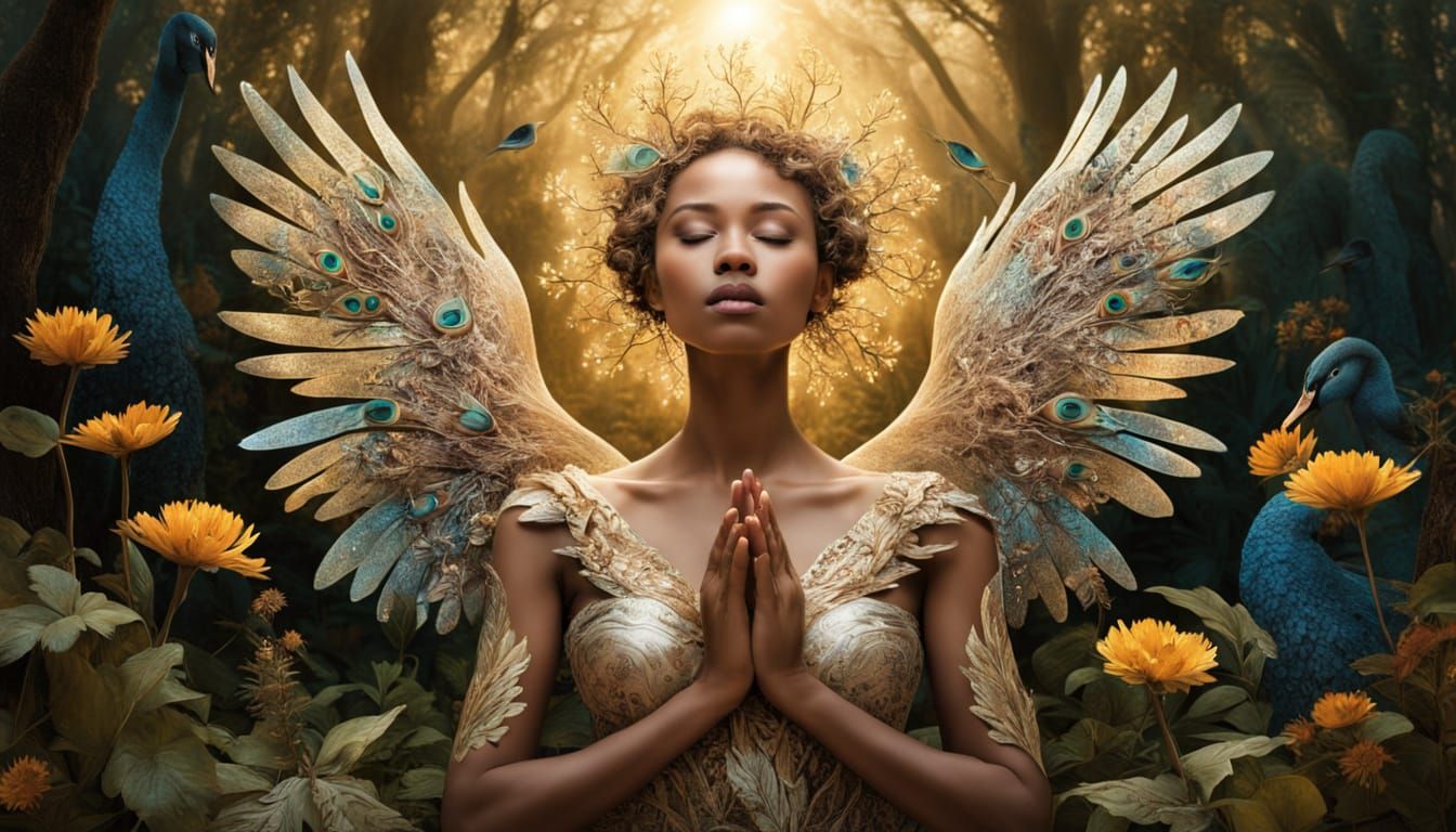 Surreal Goddess Rises with Klimt-Inspired Swan Wings and Tre...