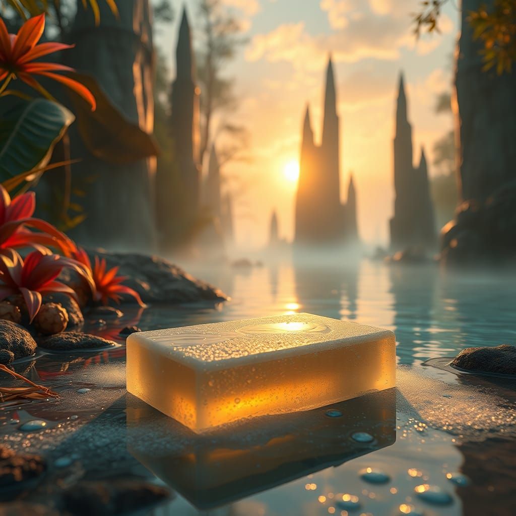 Mystical Soap Bar on Iridescent Lagoon in Digital Art