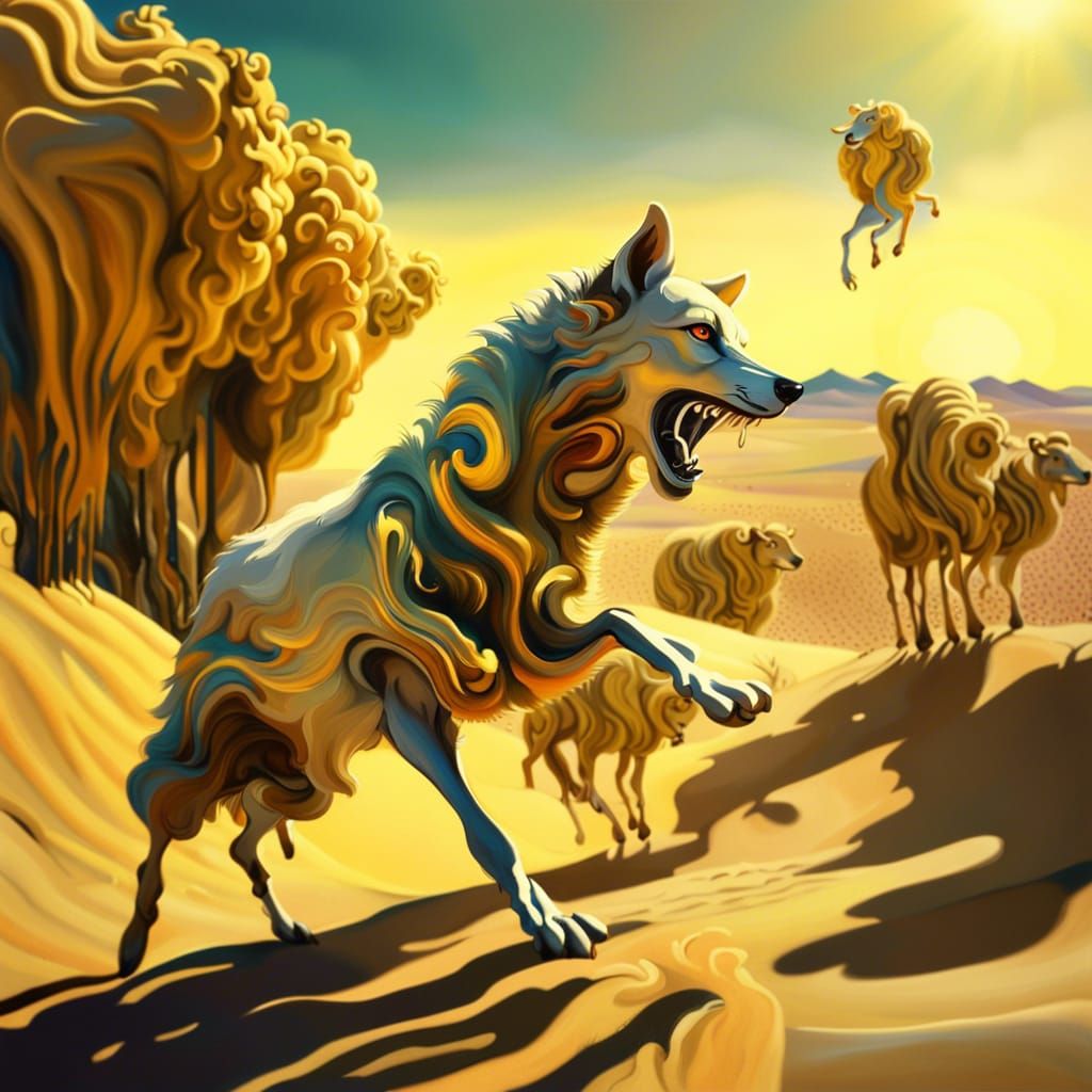 Wolf Herding Dancing Sheep in Surrealist Style
