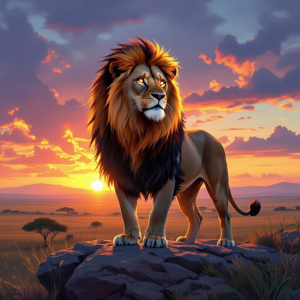 Fiery Lion Overlooking Savannah at Sunset