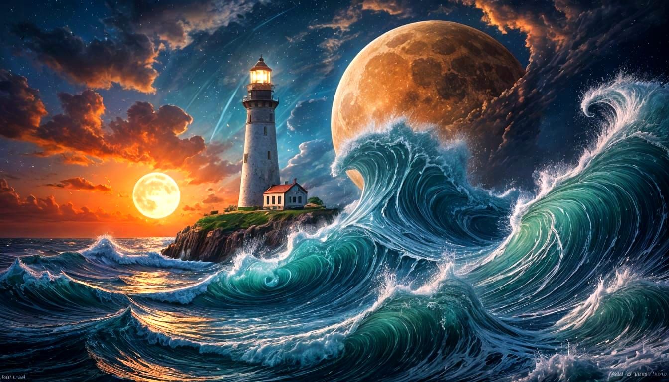 Lighthouse Under Astral Moon, Digital Illustration