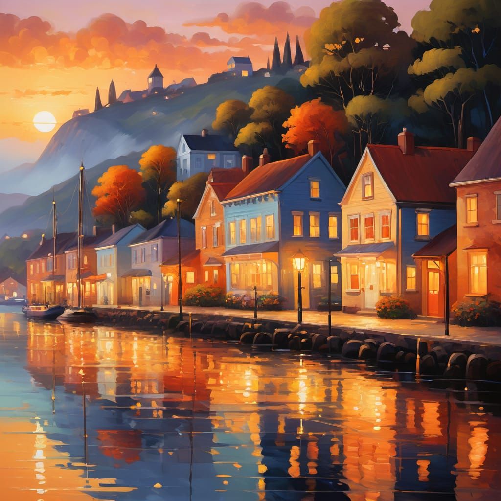 Charming Coastal Town Street at Sunset: Impressionistic Oil ...