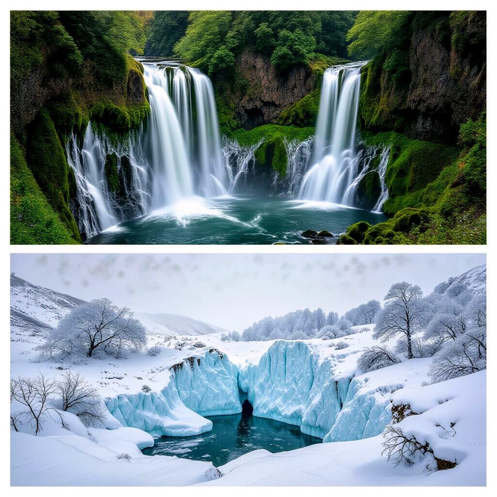 Spring Waterfall Contrasts Frozen Winter Scene