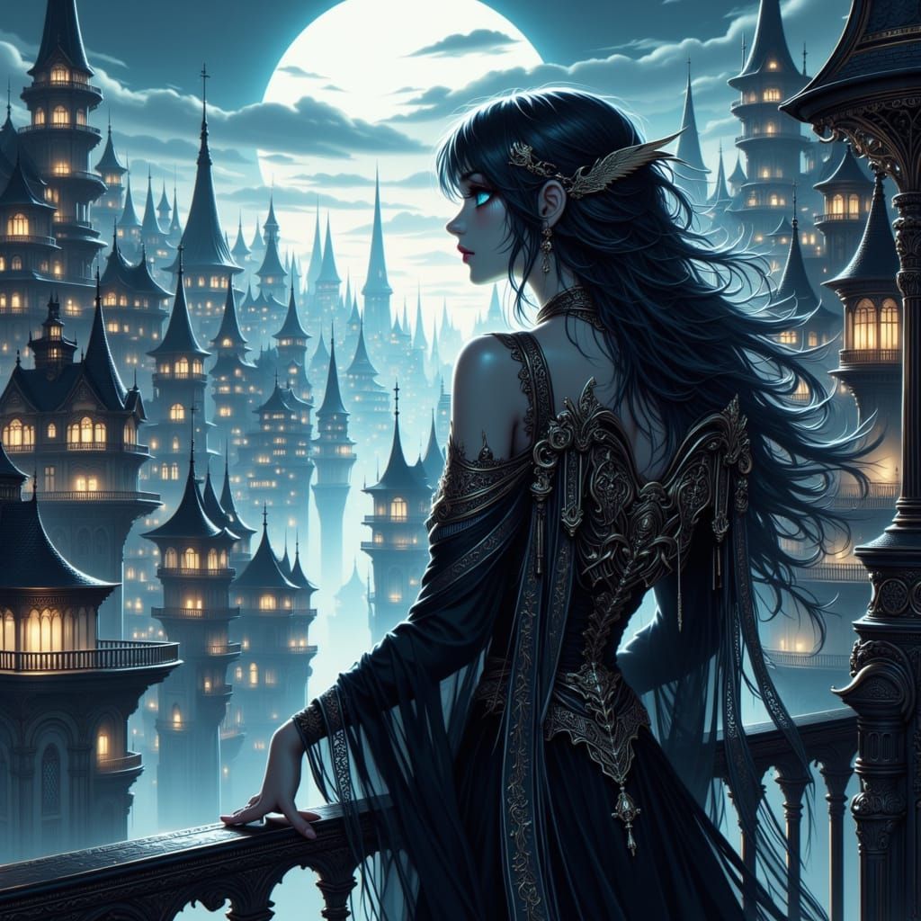 Dark Angelic Woman in Steampunk Attire Surveys Futuristic Ci...