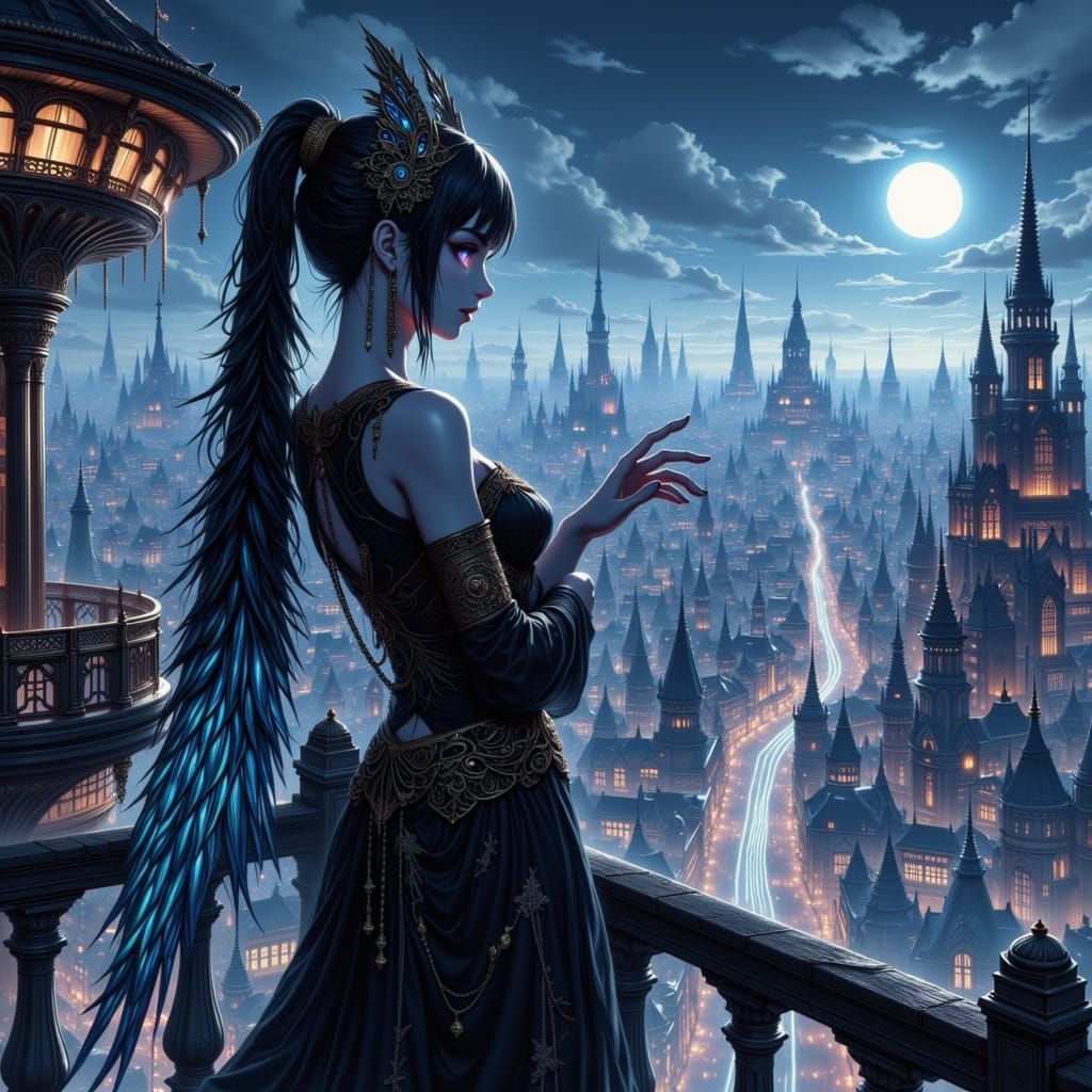 Dark Angel Surveys Futuristic Steampunk Cityscape