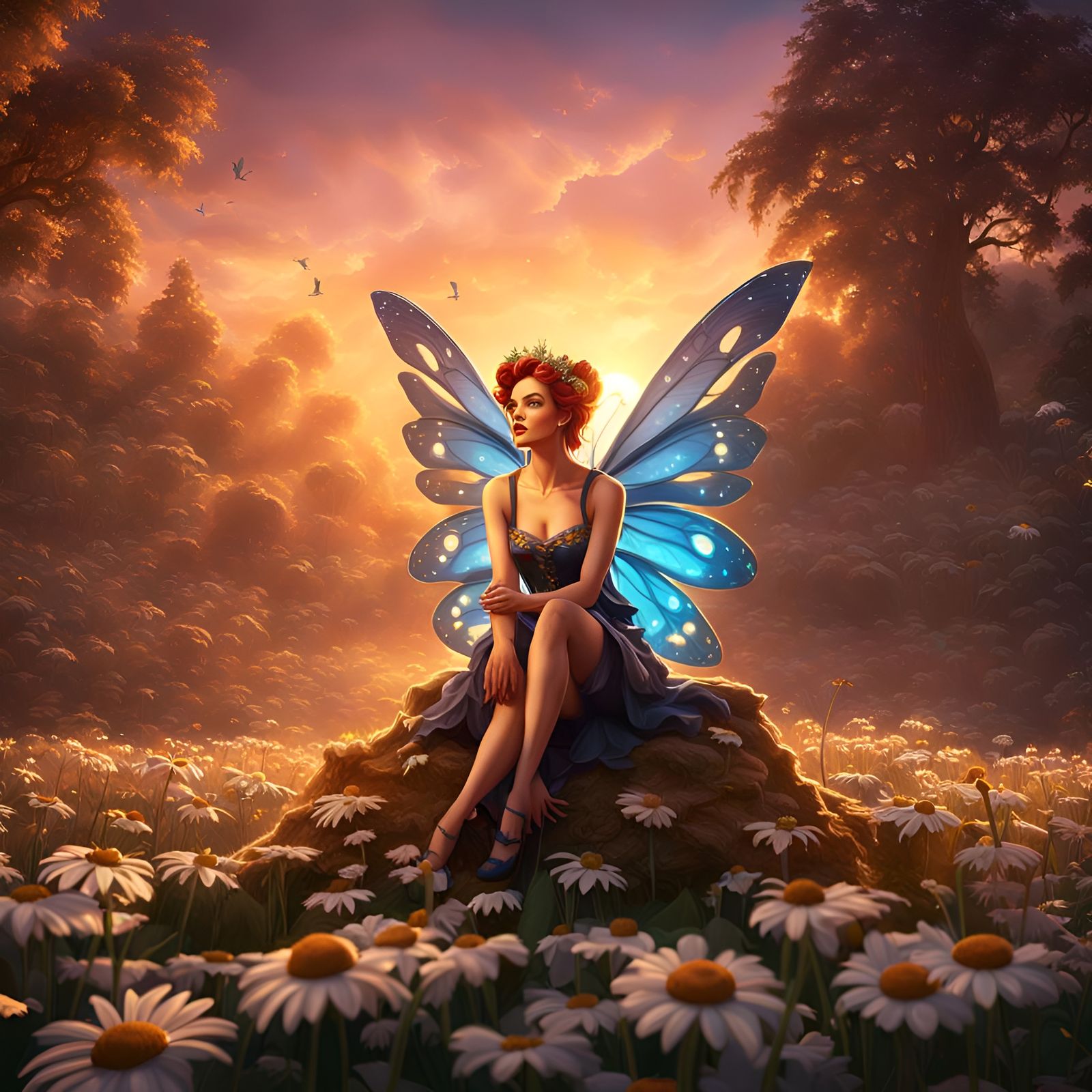 Pin-Up Fairy on Daisy at Sunset