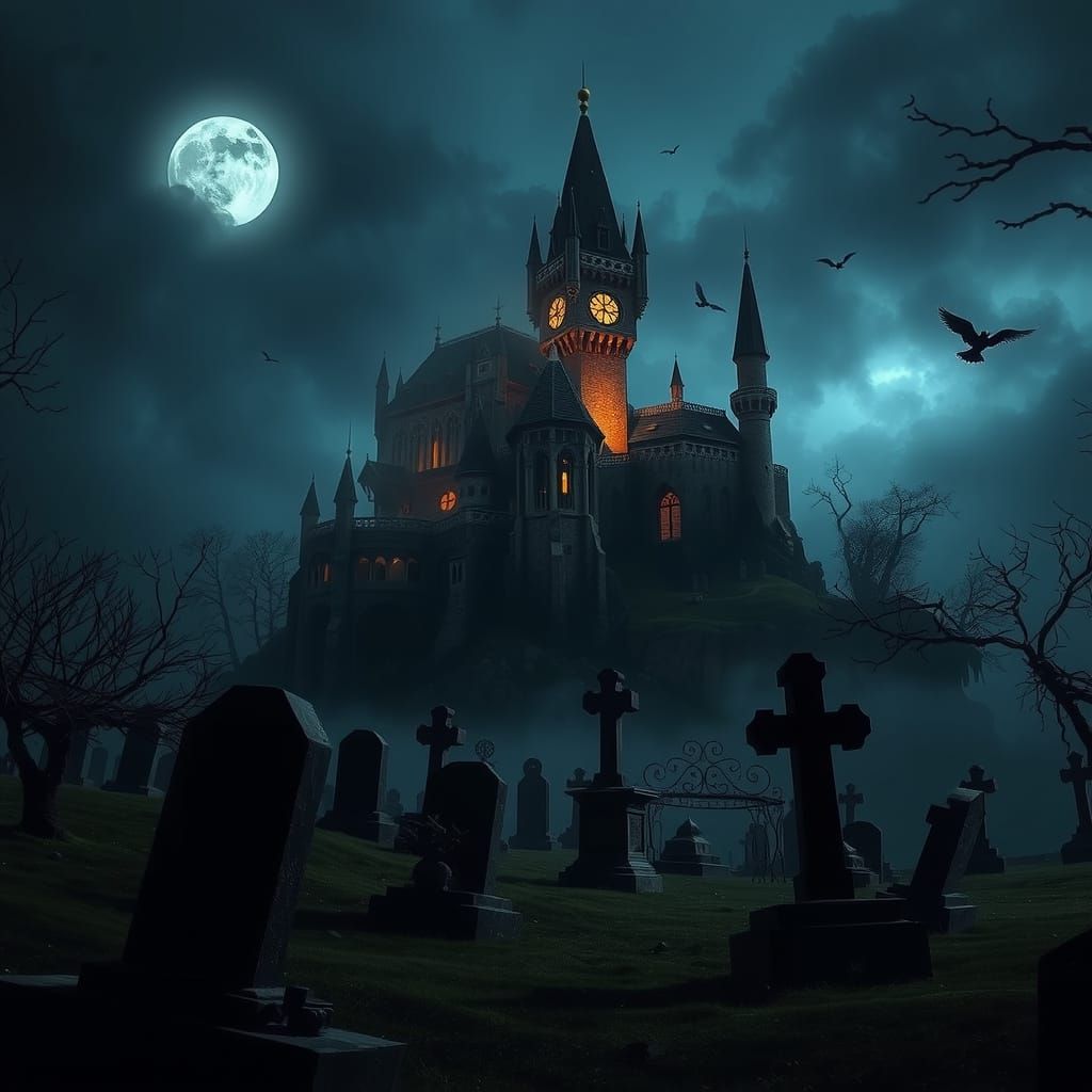 Spooky Castle and Cemetery in Foggy Night