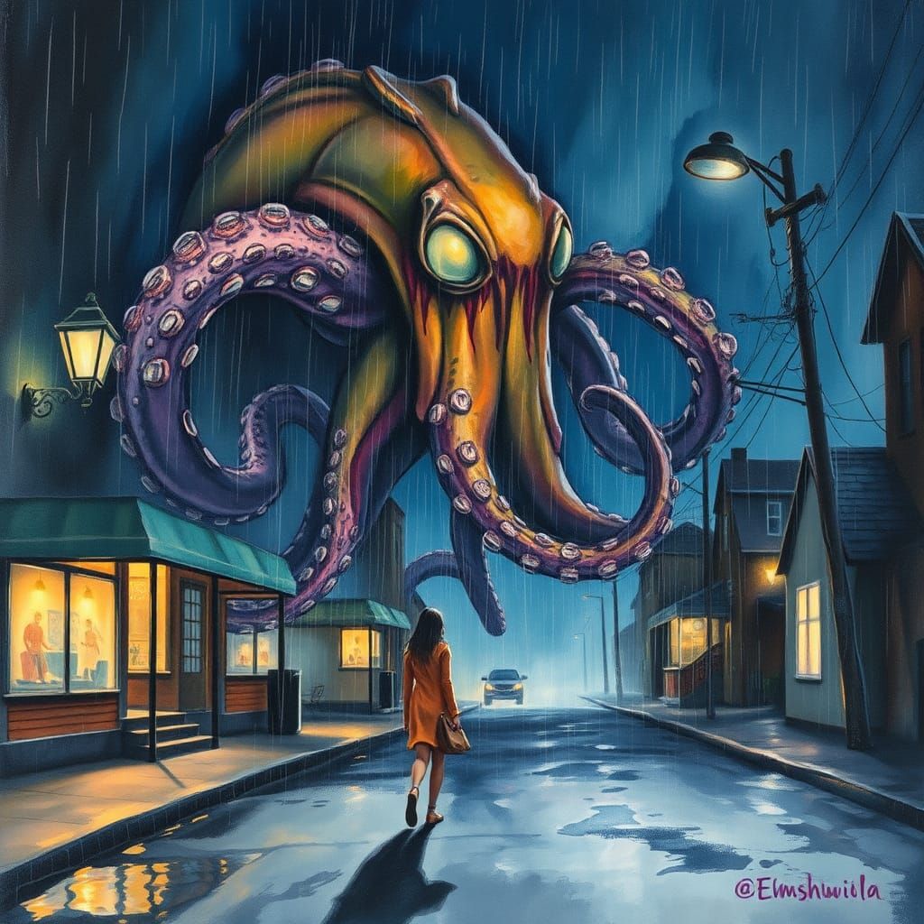night, light rain, heroine attacked by giant alien octopus.
