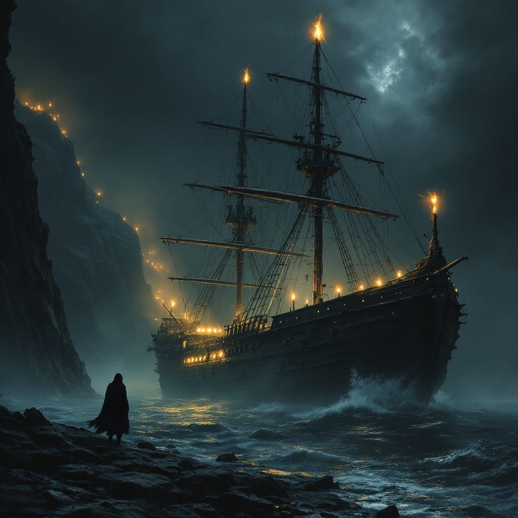 Mystical Wooden Warship Sails Through Dark Fjord at Night in...
