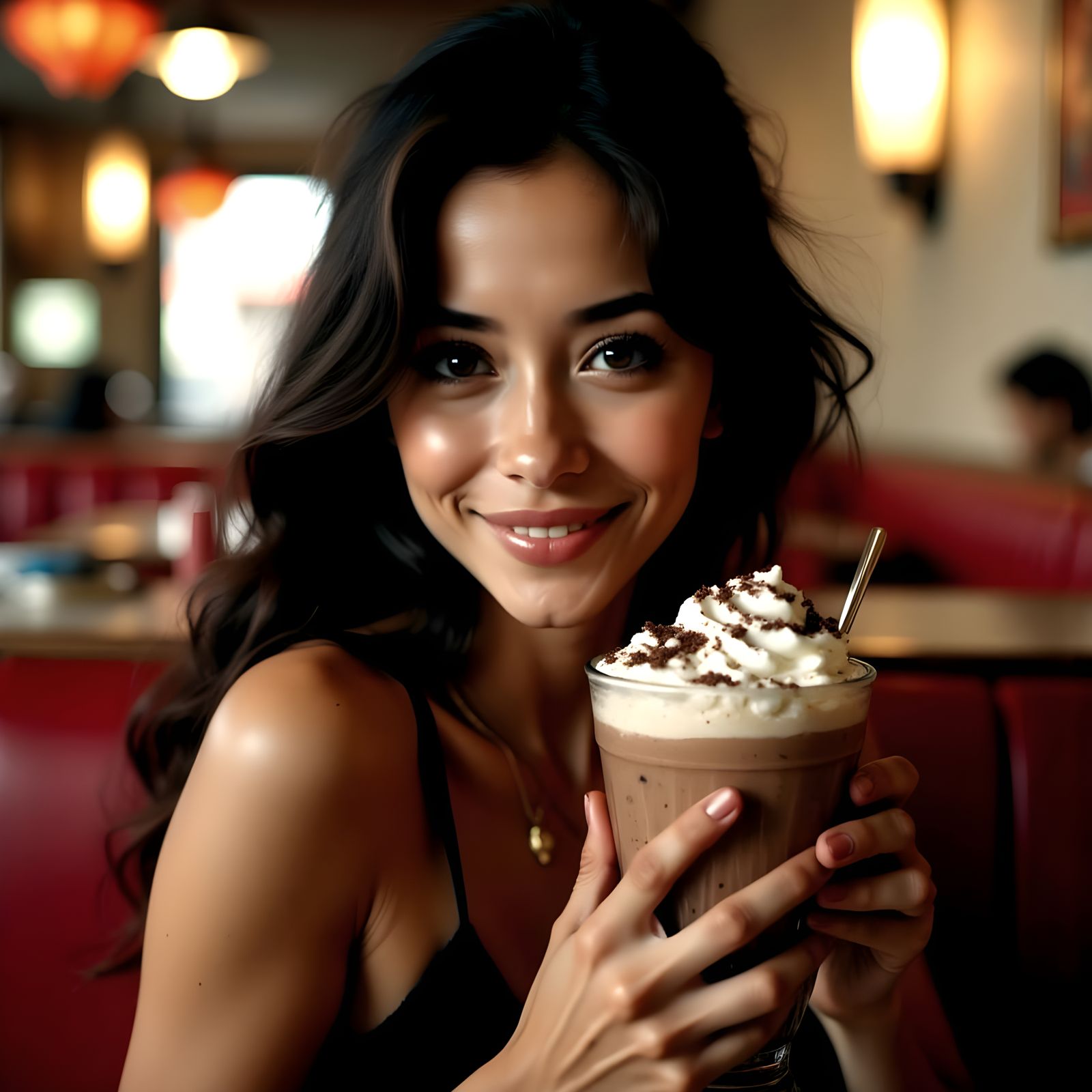 Latina Woman Delights in Chocolate Milkshake in Retro Diner