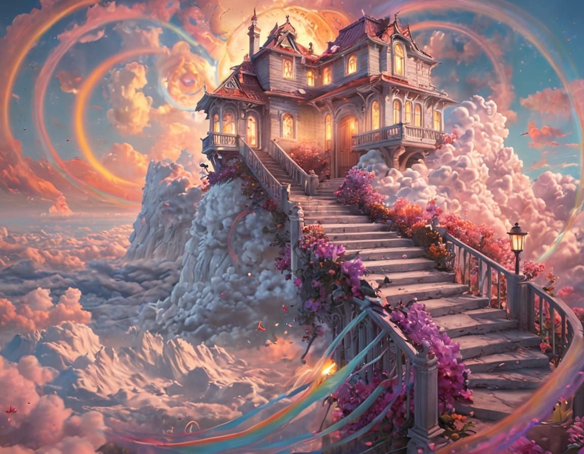 Ethereal Sunrise Mansion Amidst Heavenly Clouds