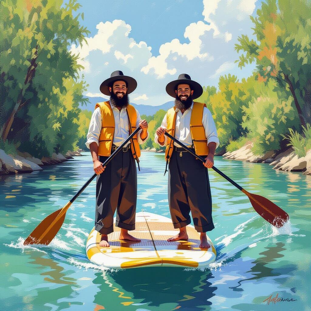 Two Haredi Youths Surf Jordan River in Impressionist Style