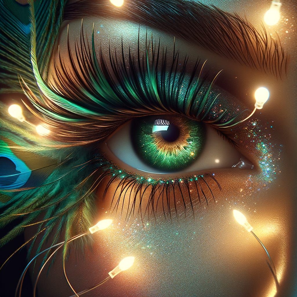 Emerald Eye with Feathers and Lights in Hyperrealism