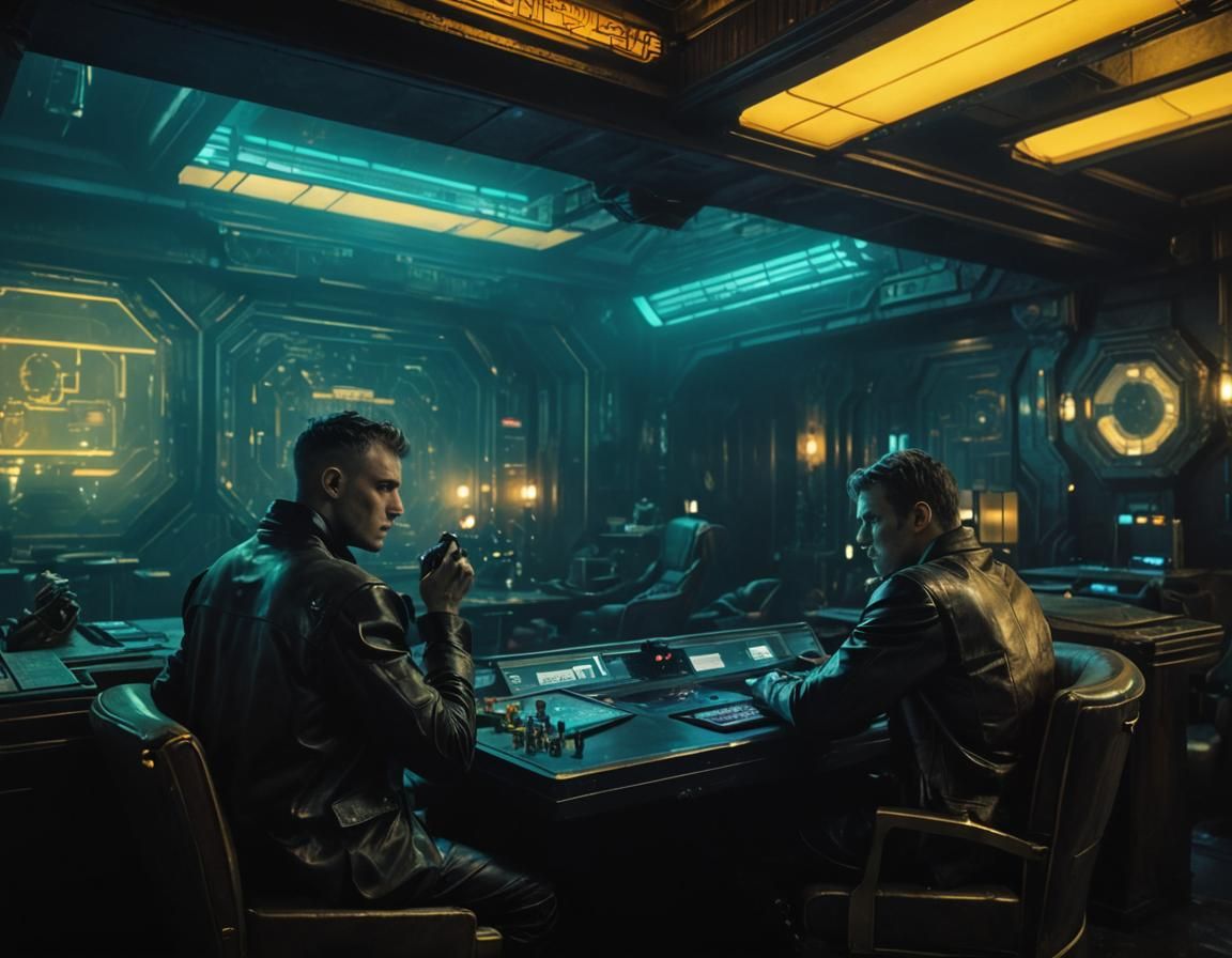 Cyberpunk Night Bar with Trader in Film Noir Style