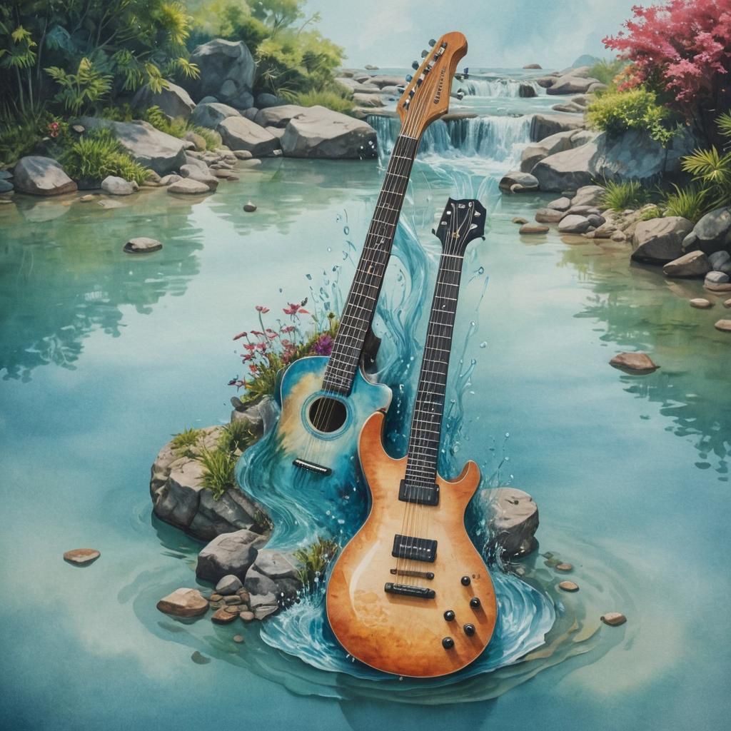 Magical Landscape Guitar in 3D Watercolor