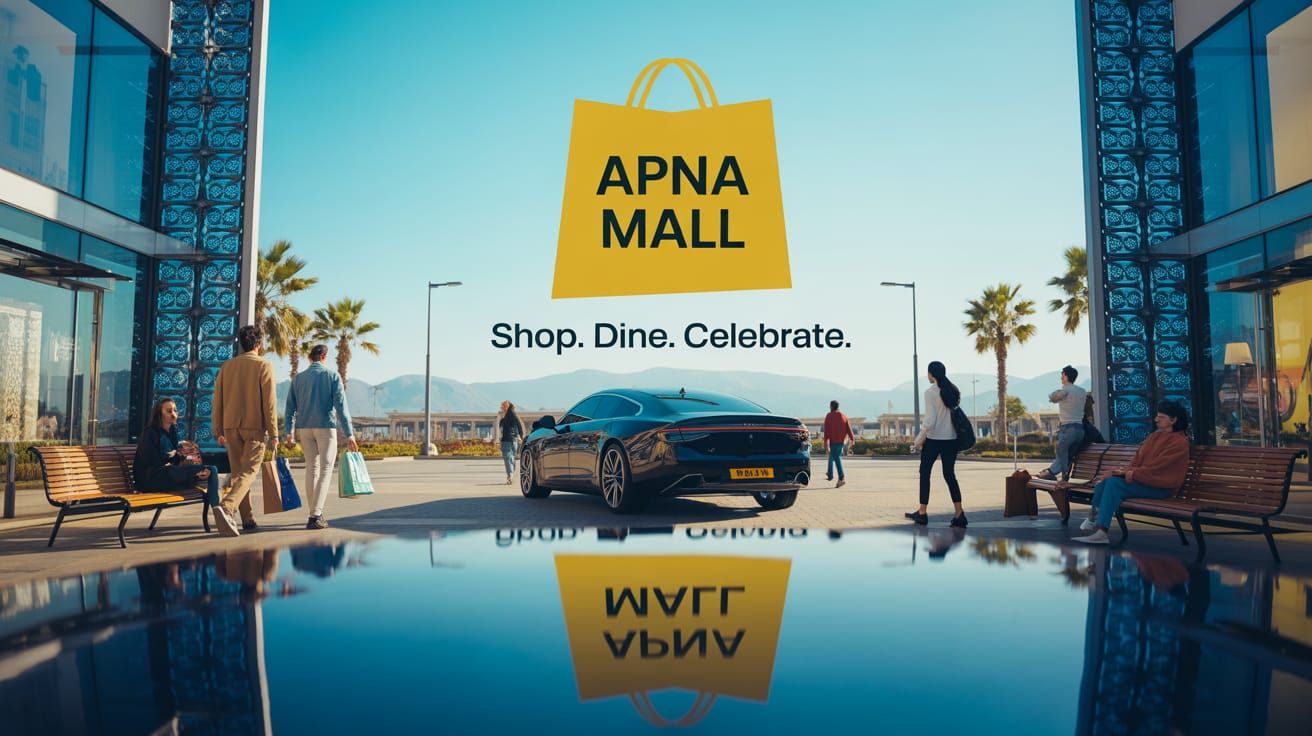 Vibrant Modern Mall Entrance with Luxury Car