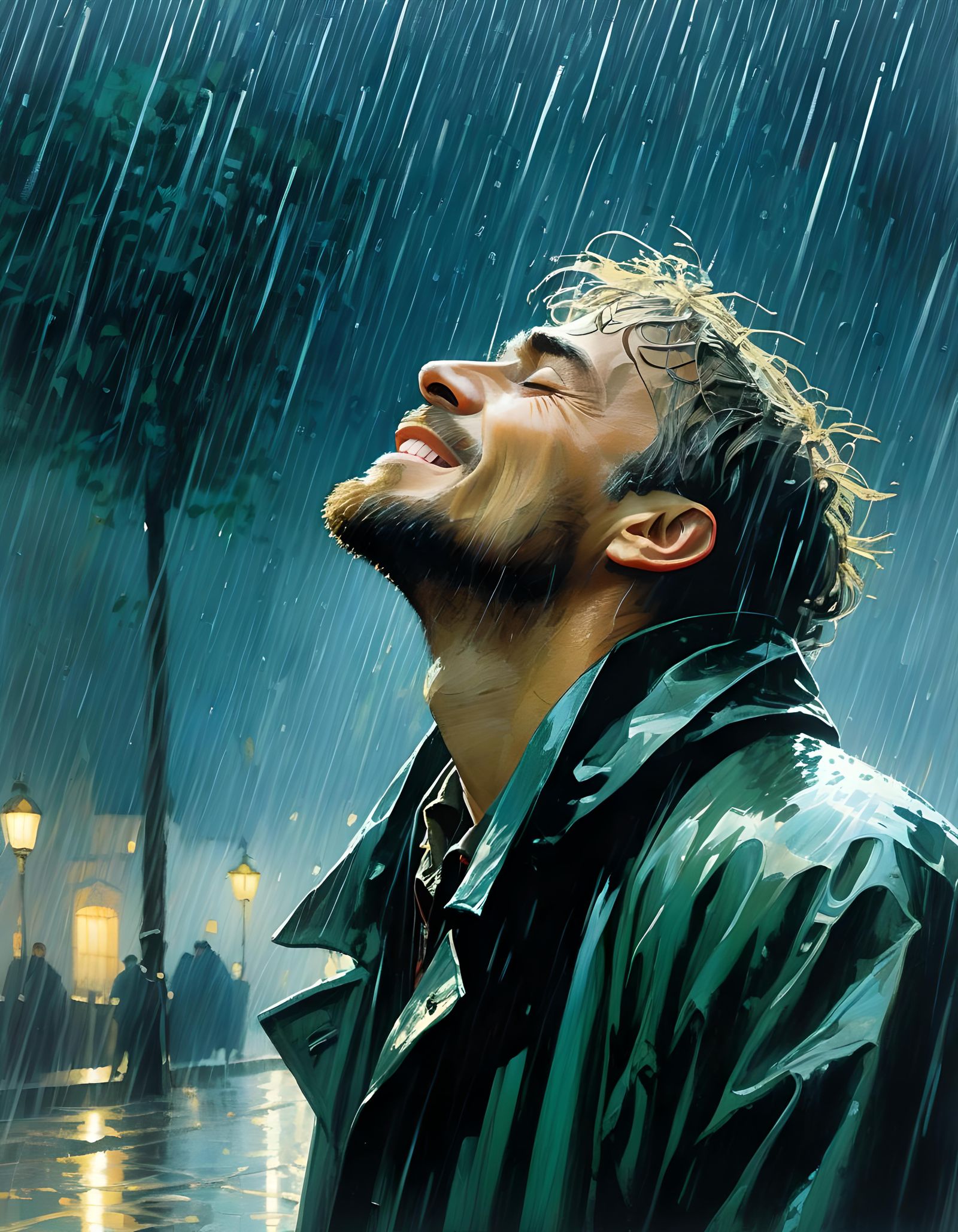 Man in Rain: Rackham, Kashin, Van Gogh Illustration