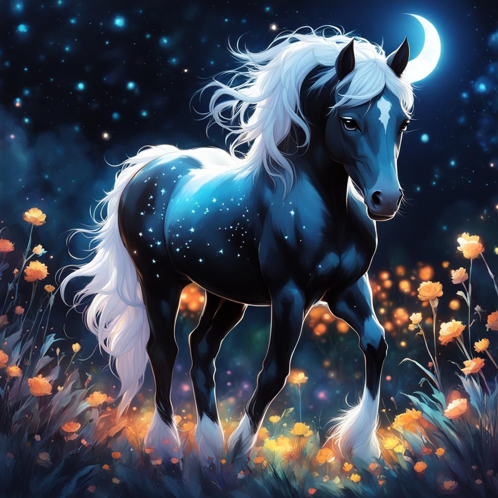 Cute Chibi Horse Constellation in Bioluminescent Garden