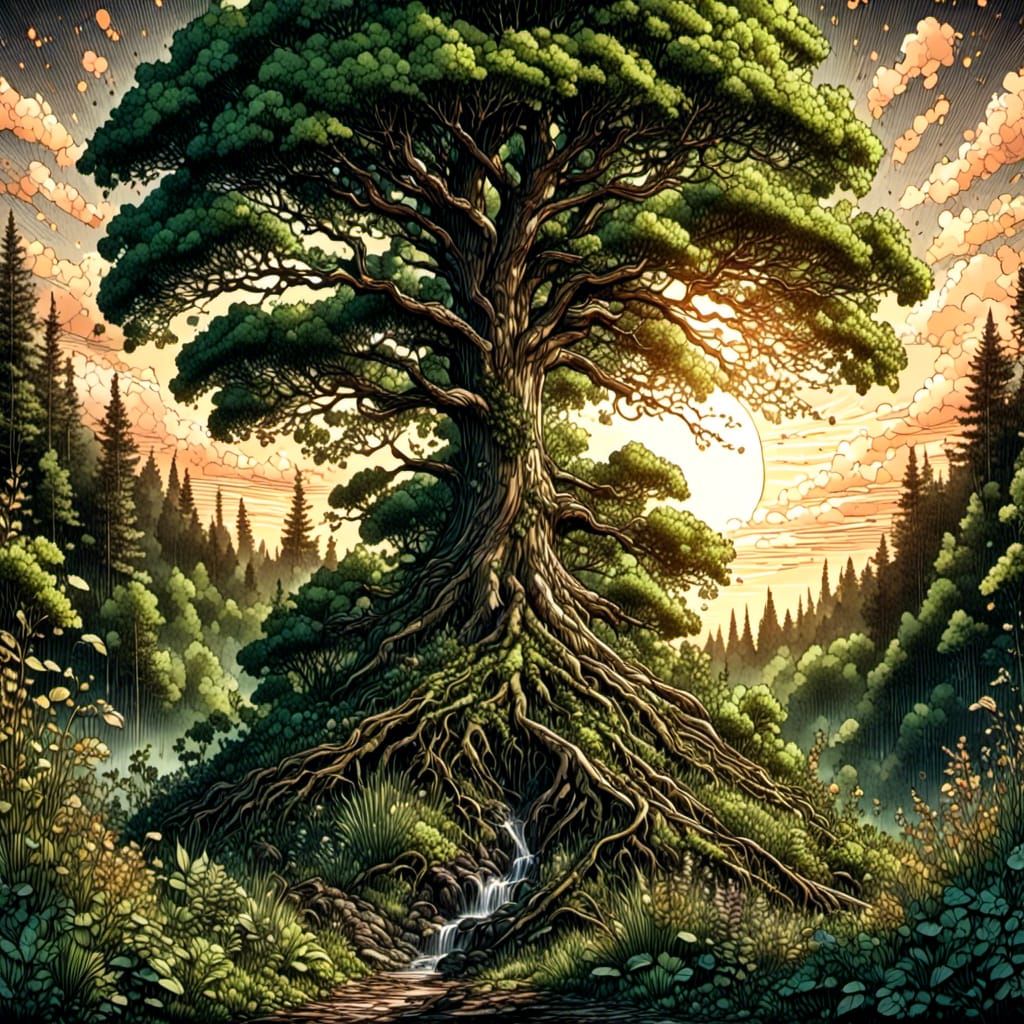 Majestic Tree in Forest, Digital Art