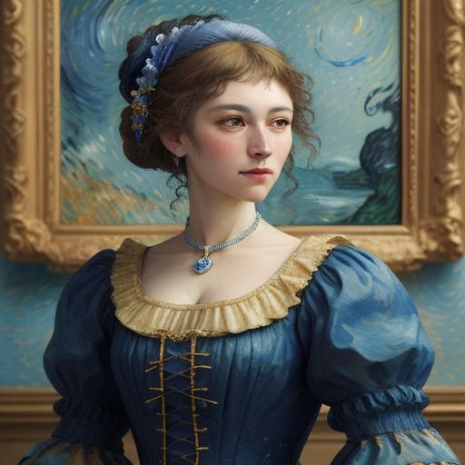 Girl in Blue Dress, Impressionist Oil Painting