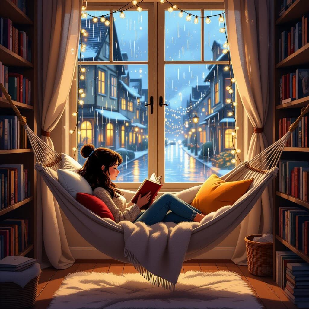 Cozy Reader in Holographic Room: Miyazaki Style