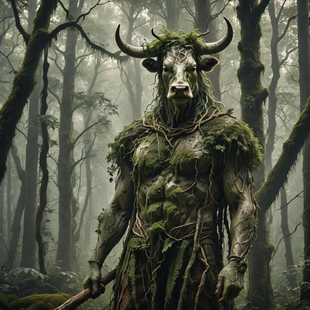 Mystical Cow Humanoid in Misty Forest: Hyperrealism