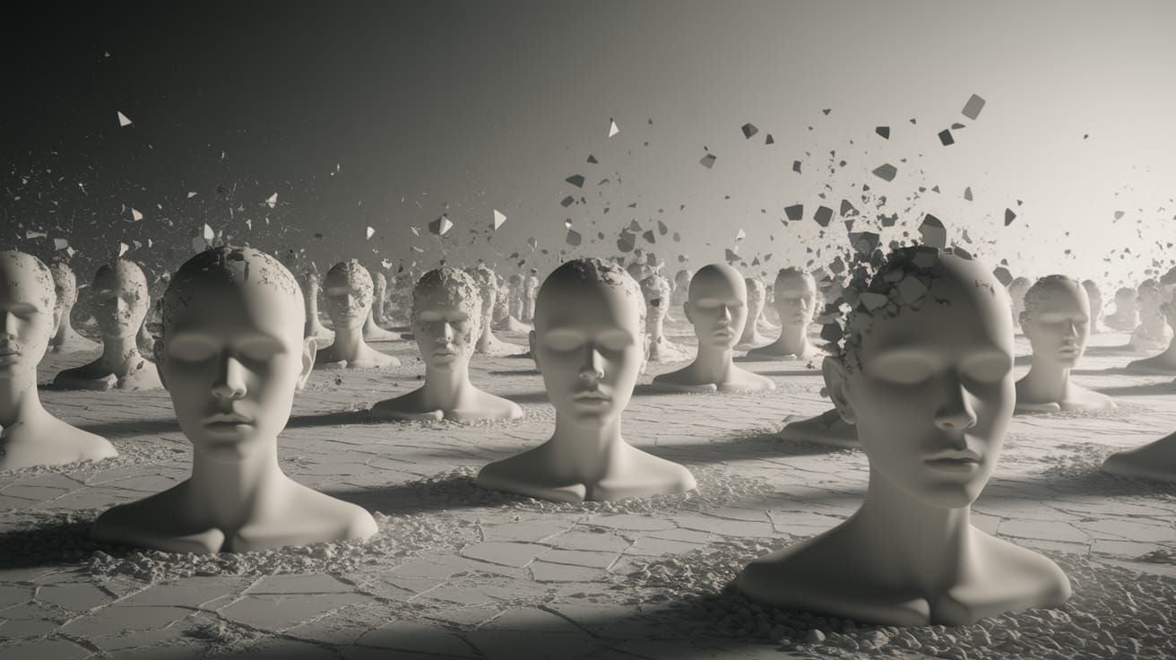 A fragmented expanse of drifting, faceless human impressions