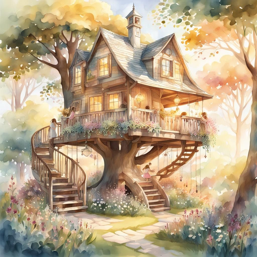 Whimsical Treehouse Illustration in Watercolor Style