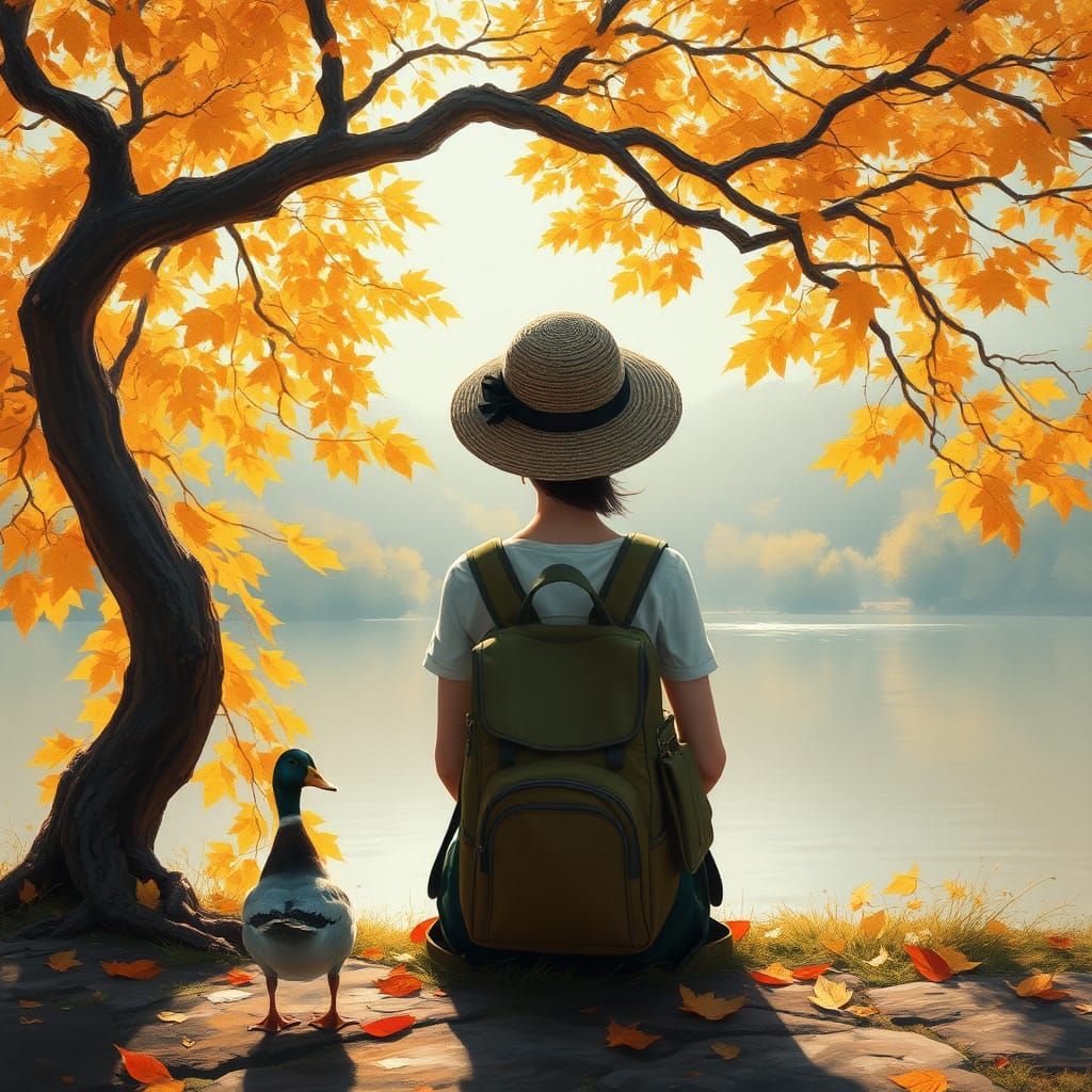 Autumnal Impressionist: Woman Under Tree with Duck
