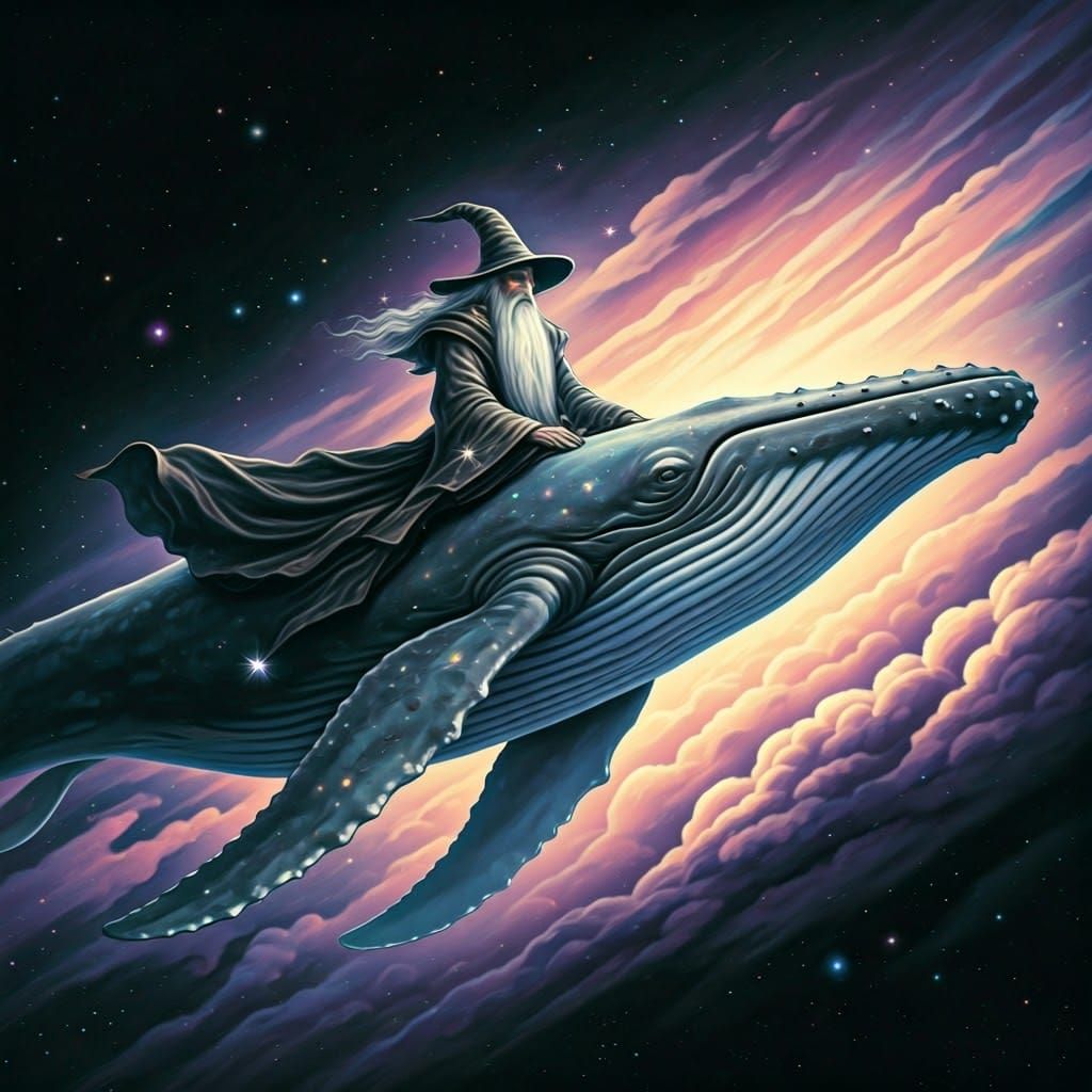 Majestic Wizard Soars Cosmic Seas on Iridescent Whale
