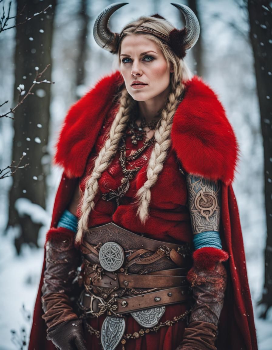 Viking Warrior Woman in Snowy Forest