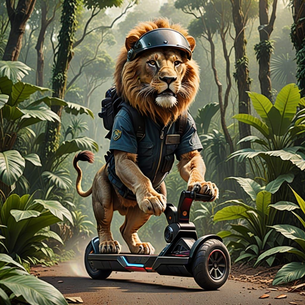 Lion Rides Hoverboard Through Jungle
