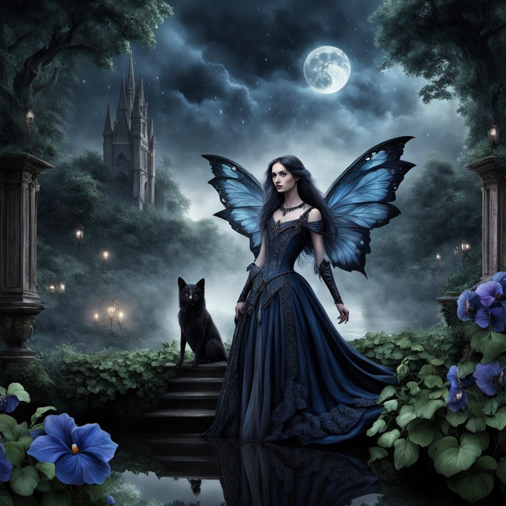 Gothic Fairy in Mystical Garden, Double Exposure Art