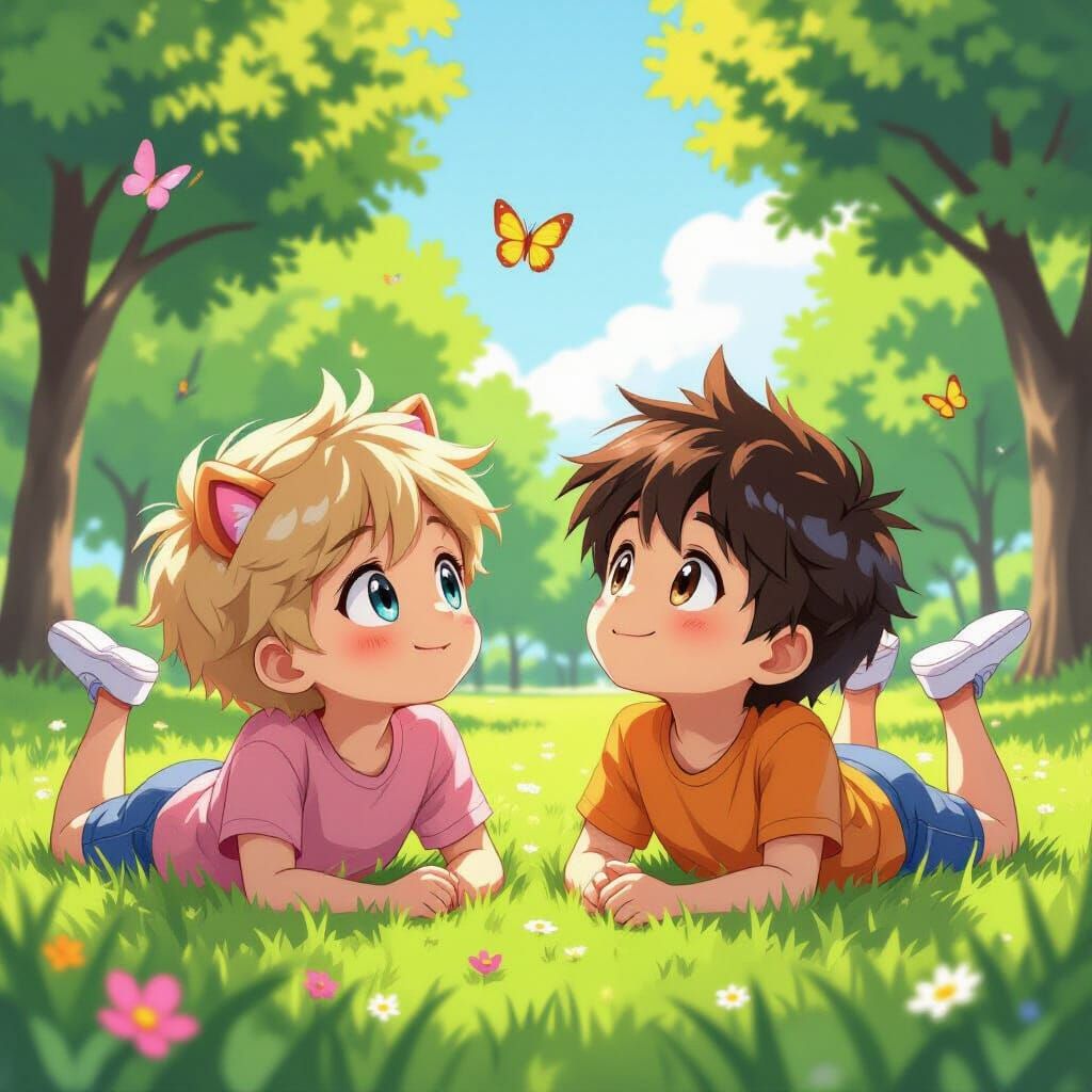 Anime Boys Relaxing in Park with Butterflies