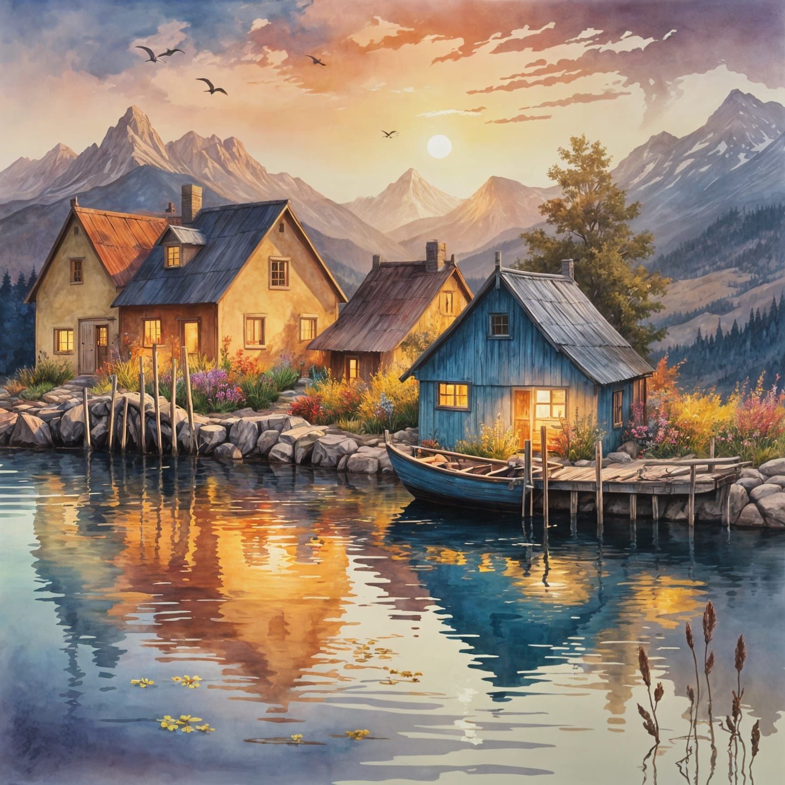 Whimsical Mountain Lake at Sunset in a Vibrant Watercolor St...