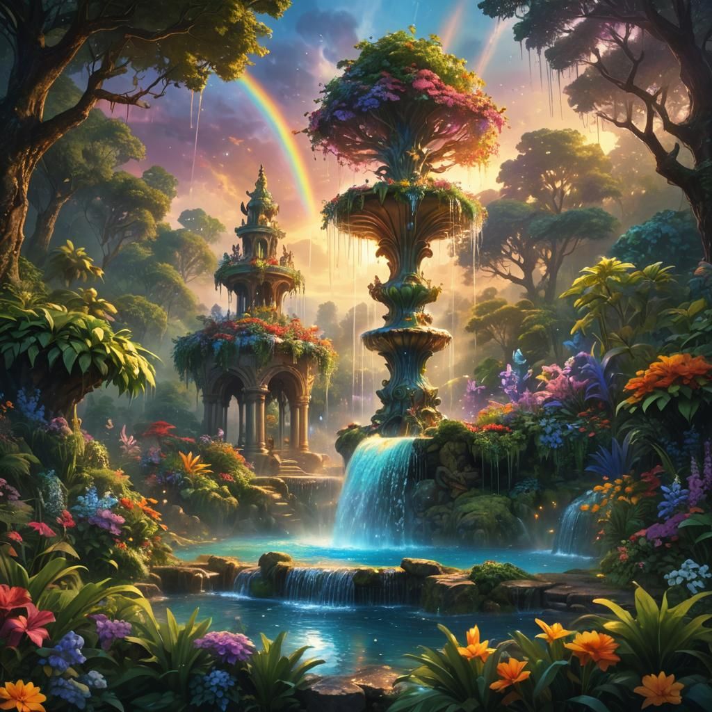 Rainbow Fountain in Lush Fantasy Forest