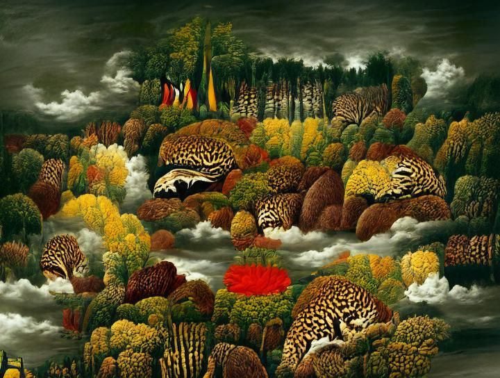 Lush Autumnal Forest Painting in Naive Art Style