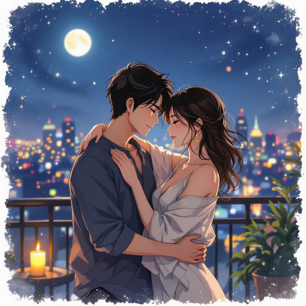 Passionate Couple Embrace Under Moonlight, Anime Style
