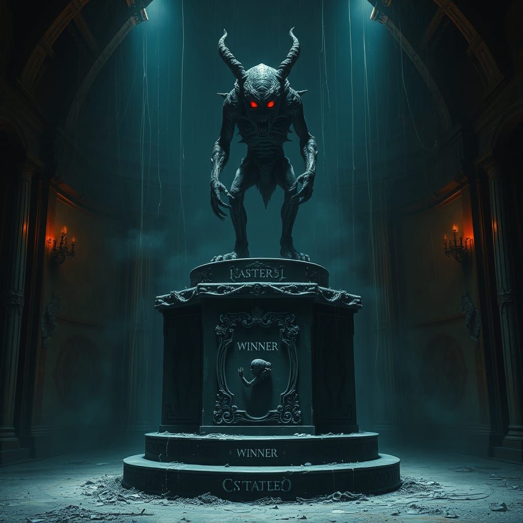 Grotesque Monster Triumphs in Dark Biomechanical Hall