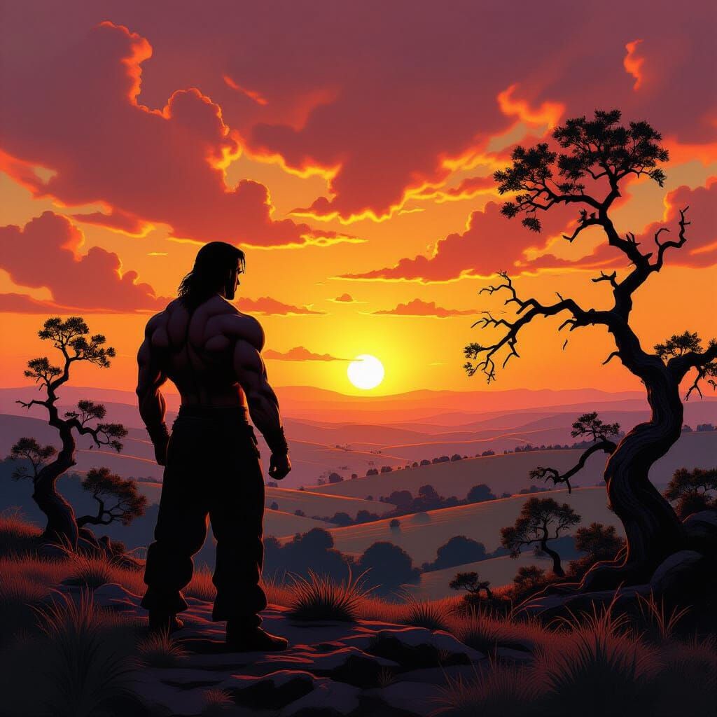 Muscular Man Silhouetted Against Dramatic Sunset Landscape